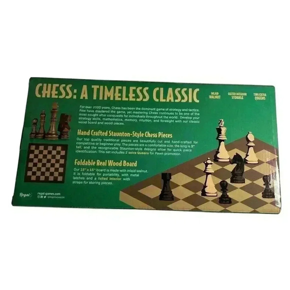 Wooden Chess Set - 2 Extra Queens, Folding Board Regal Games 15 Inch NEW In Box - Picture 8 of 8